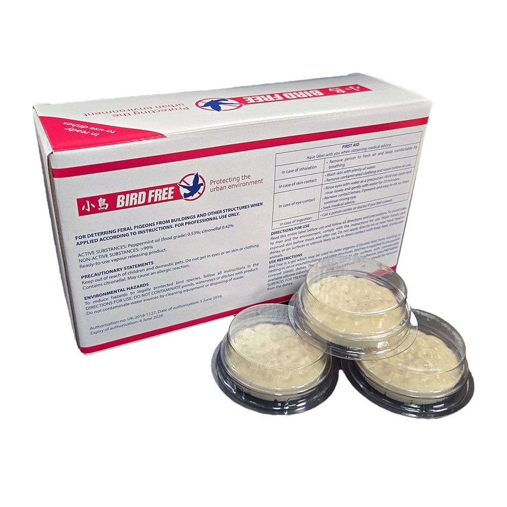 Bird Free Fire Gel packaging with individual dishes displayed for application