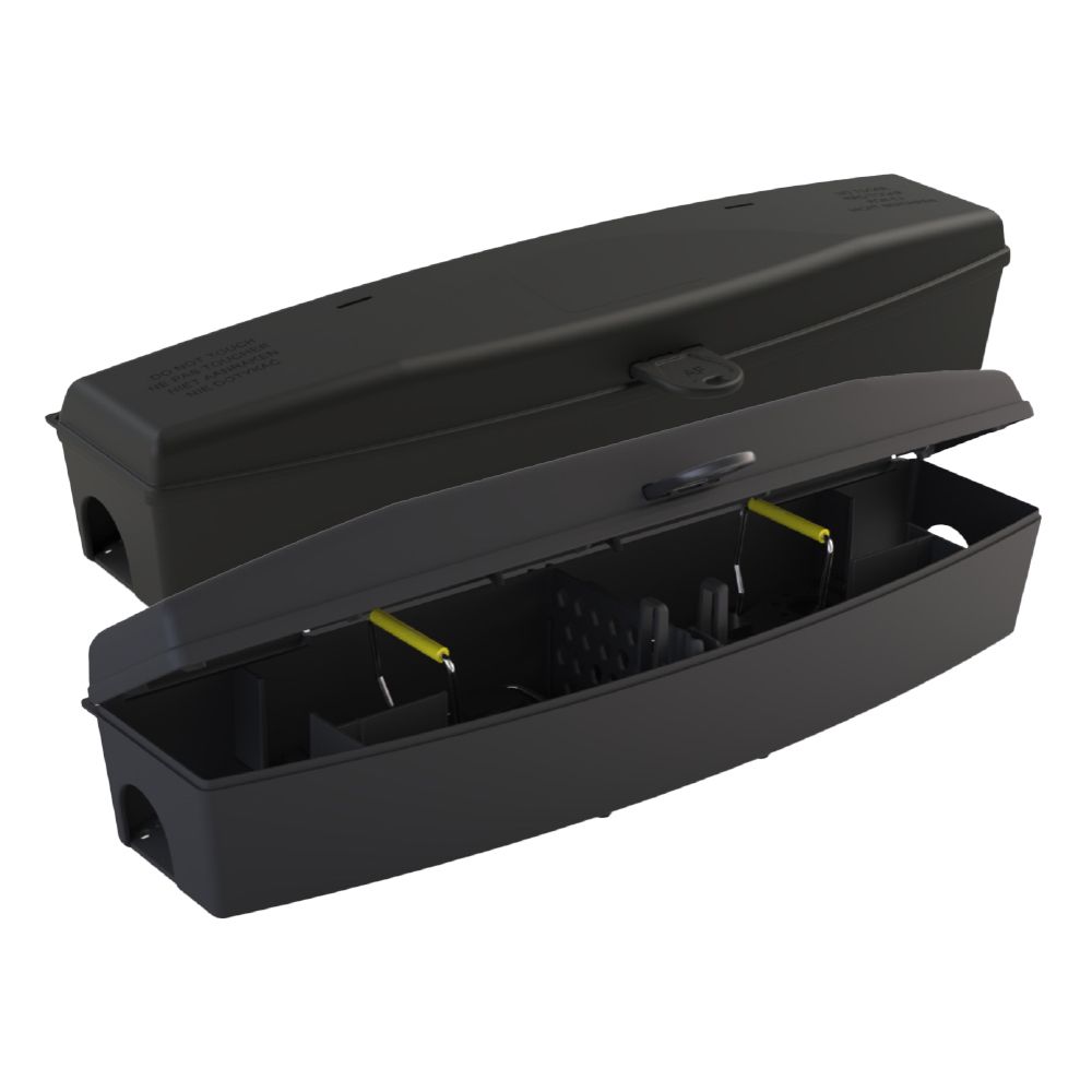 AF® Trapmus half-opened trapping station, front side view showing the internal ramp and clear
ventilated baffle design for humane mouse capture.