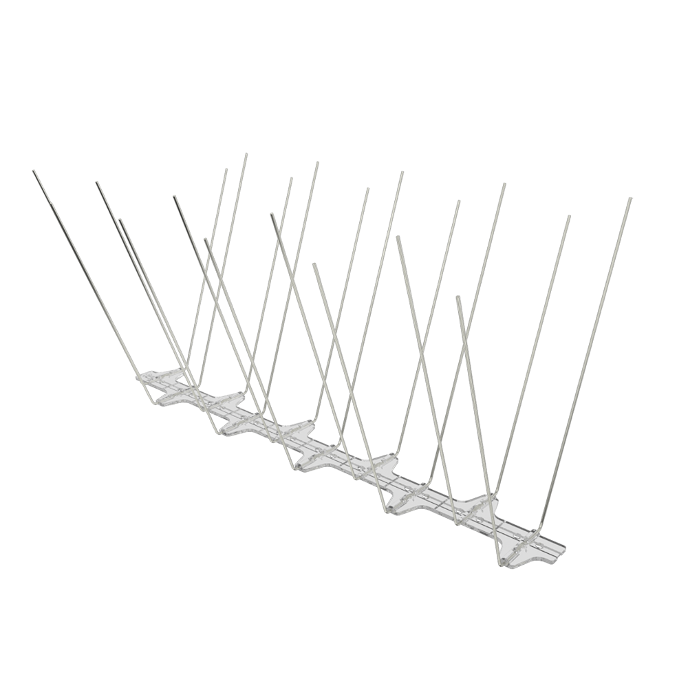 BC Bird Spikes 20G heavy-duty gull deterrent strip viewed from the left side angle, showing the 175mm spike spread