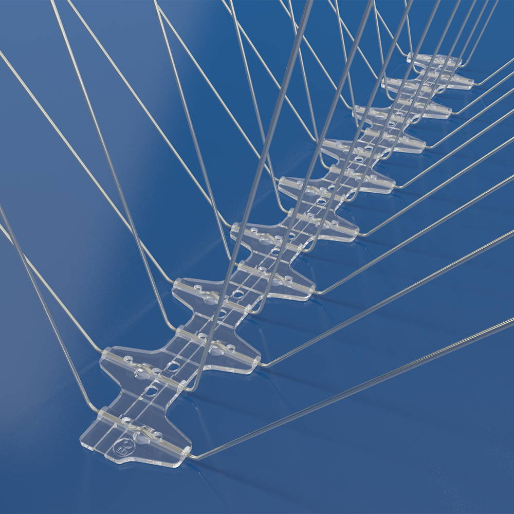 Close-up of a BC Bird Spikes 32L spike tip against a blue background, showing the 1.4mm 304 stainless steel construction
