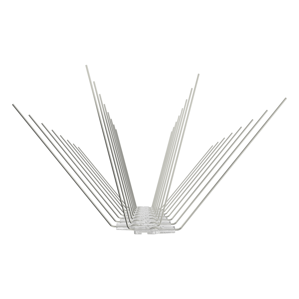 Front view of BC Bird Spikes 32L stackable bird spike strip for wide sills and parapets