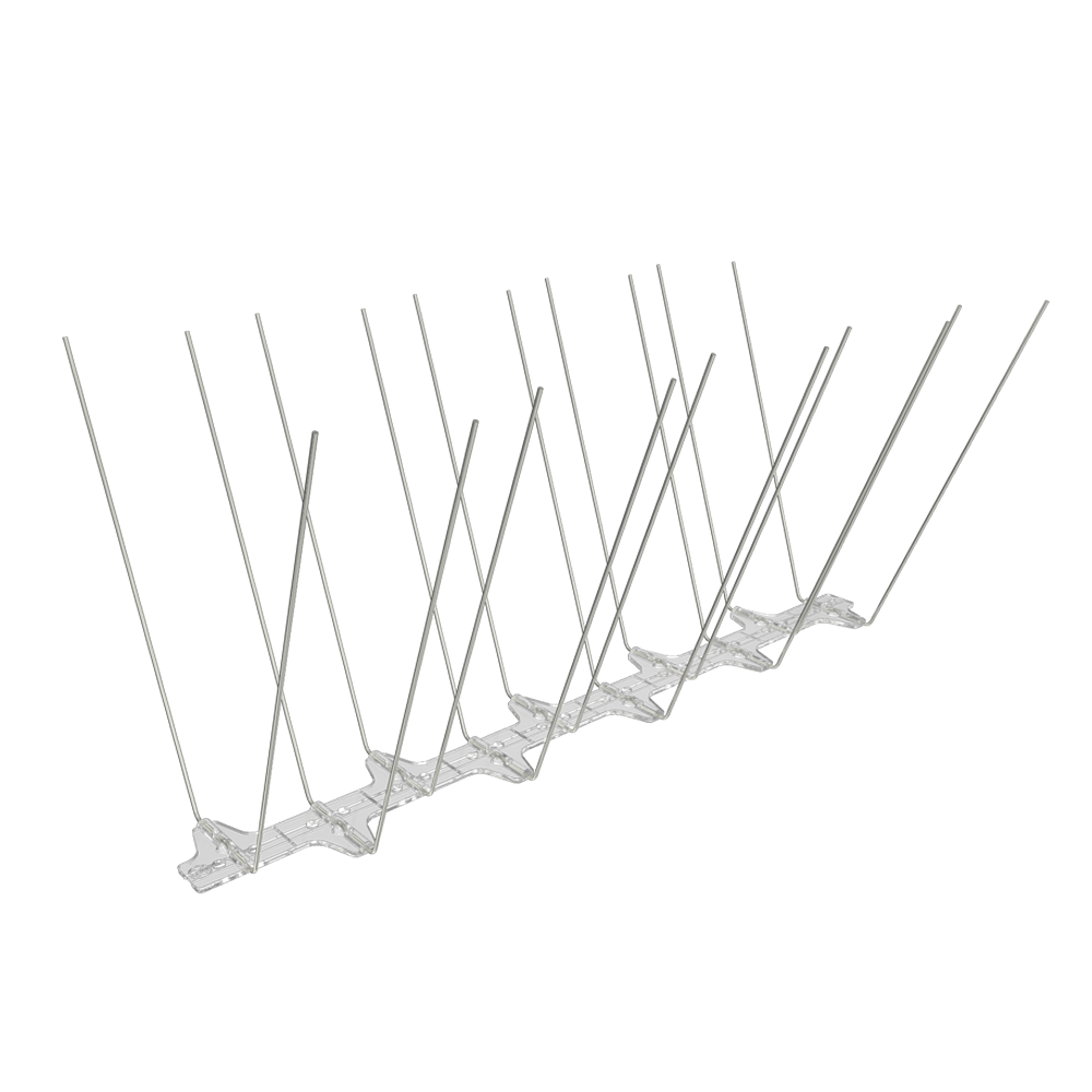 BC Bird Spikes 20M strip viewed from the right side angle, showing the 45mm UV-protected polycarbonate base