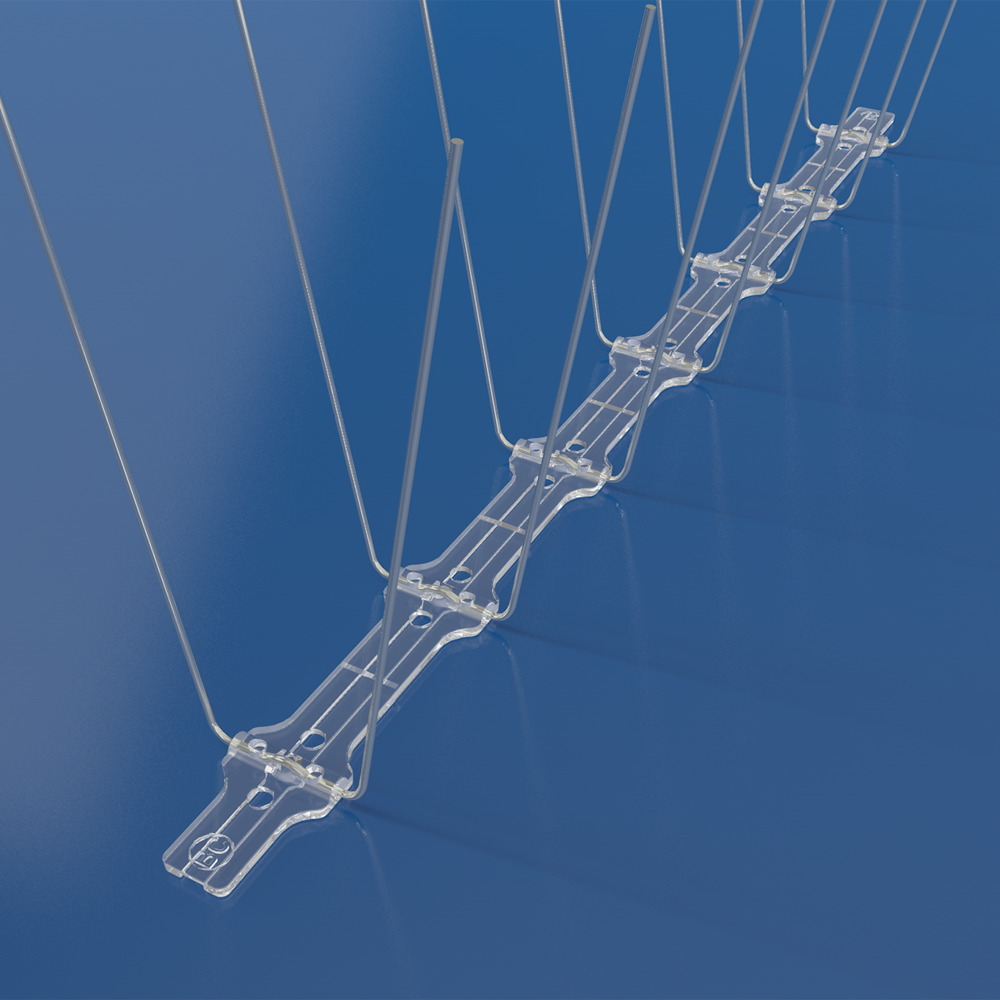 Close-up of a BC Bird Spikes 14S spike tip against a blue background, showing the 1.4mm 304 stainless steel construction