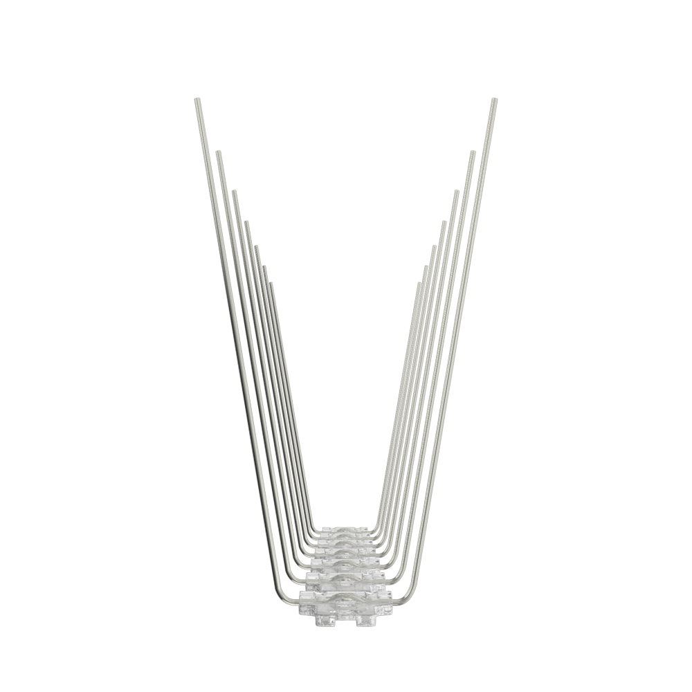 Front view of BC Bird Spikes 14S stackable bird spike strip for narrow ledges, pipes and signs