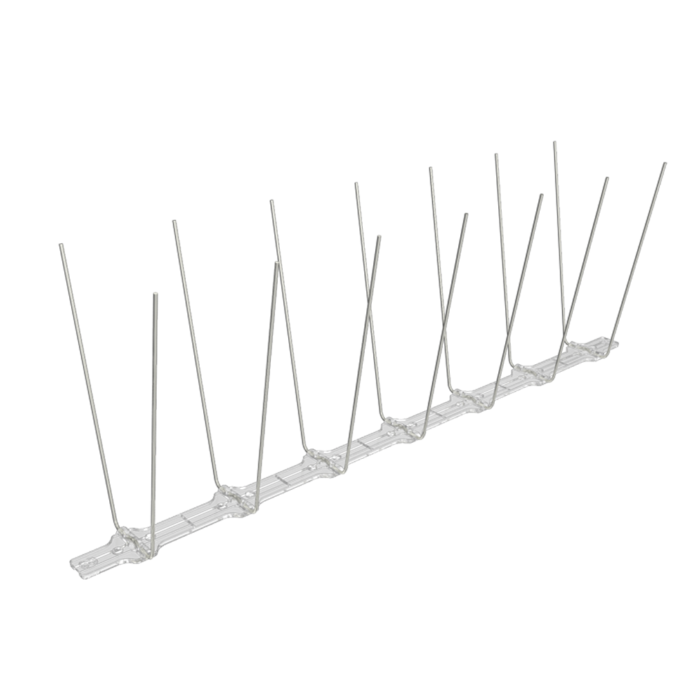 BC Bird Spikes 14S strip viewed from the right side angle, showing the narrow 20mm polycarbonate base