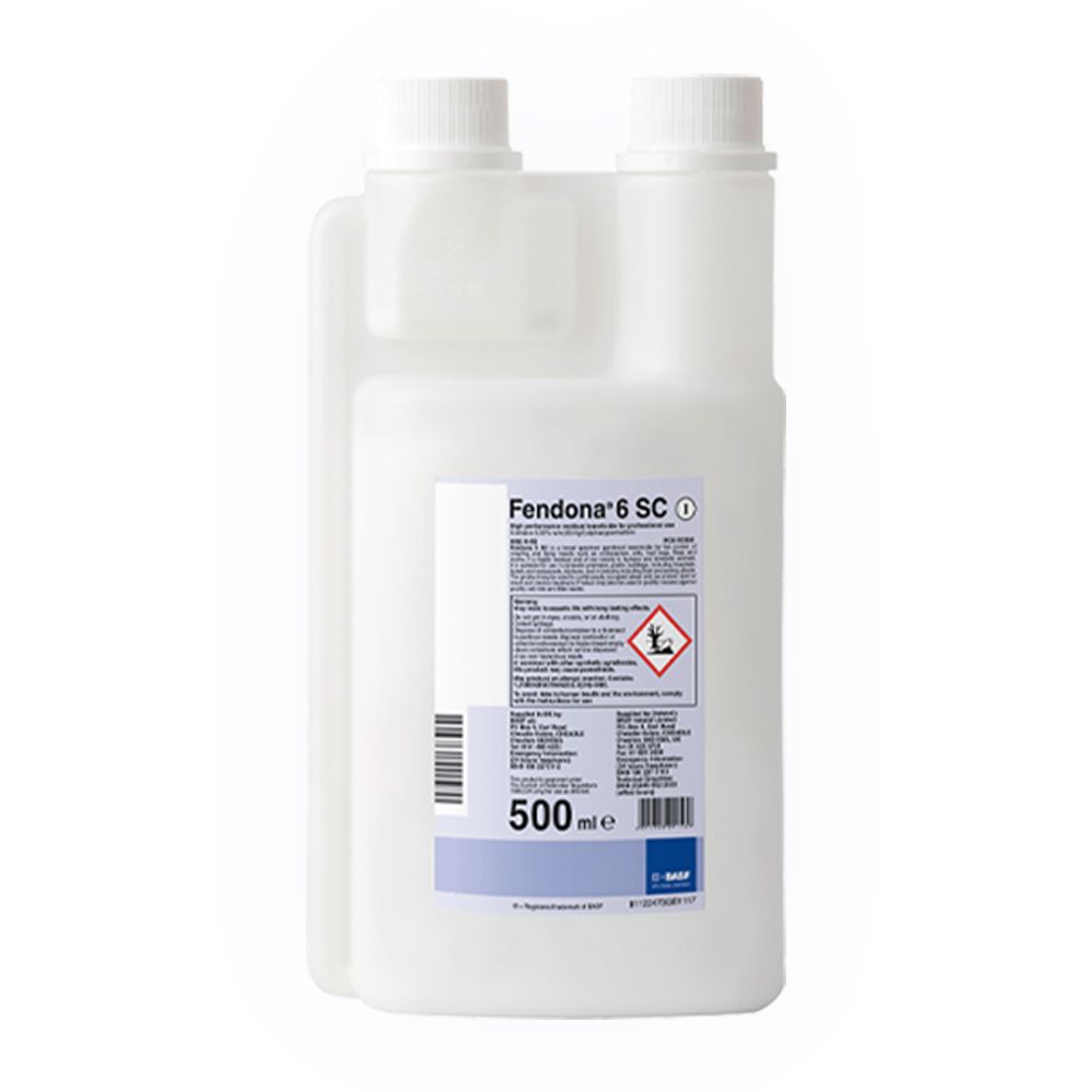 Bottle of Fendona 6 SC insecticide with the product label visible, highlighting its professional pest control use and long-lasting residual effect.
