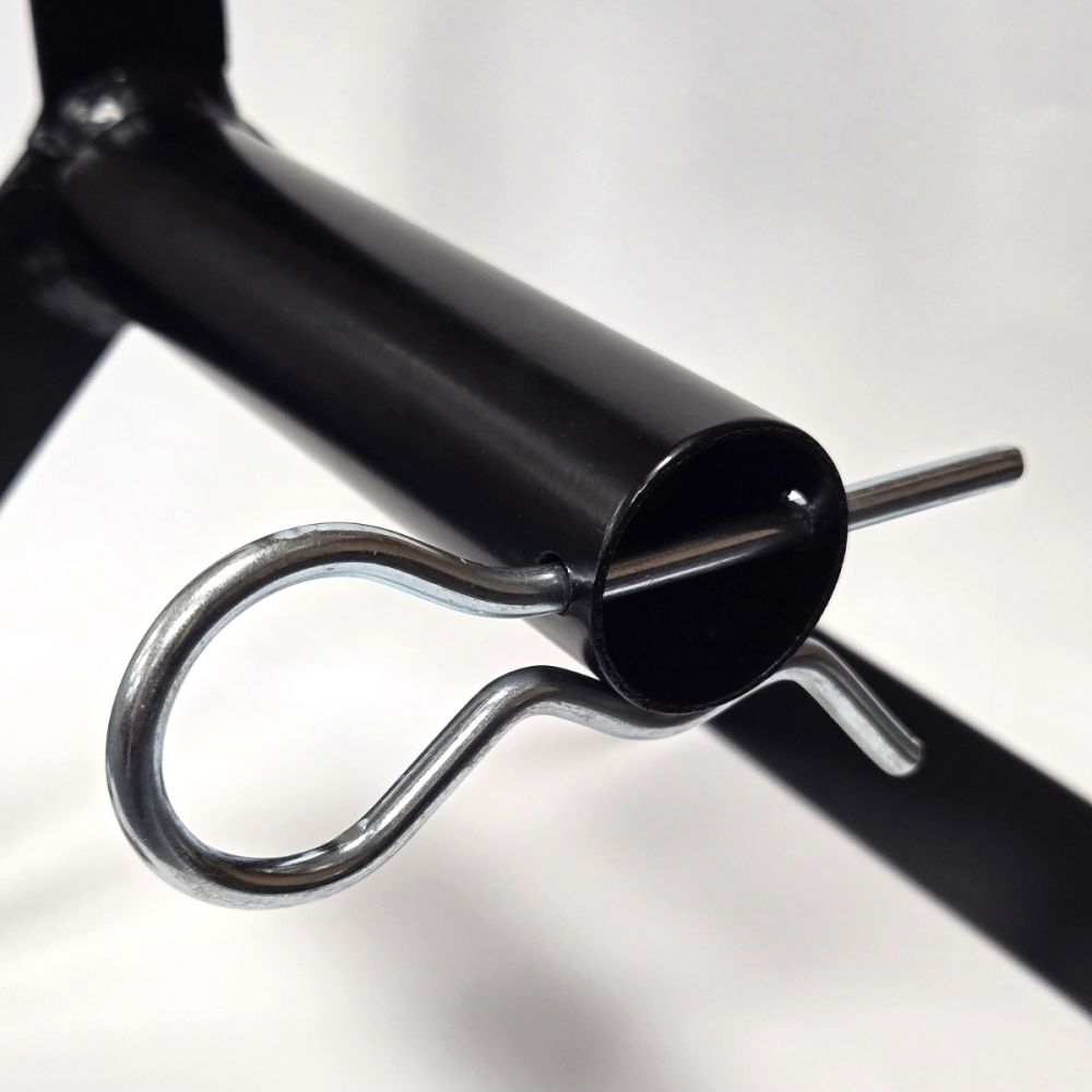 Close-up of the BC Wire Reel Holder spindle and retaining pin for secure attachment of bird wire reels