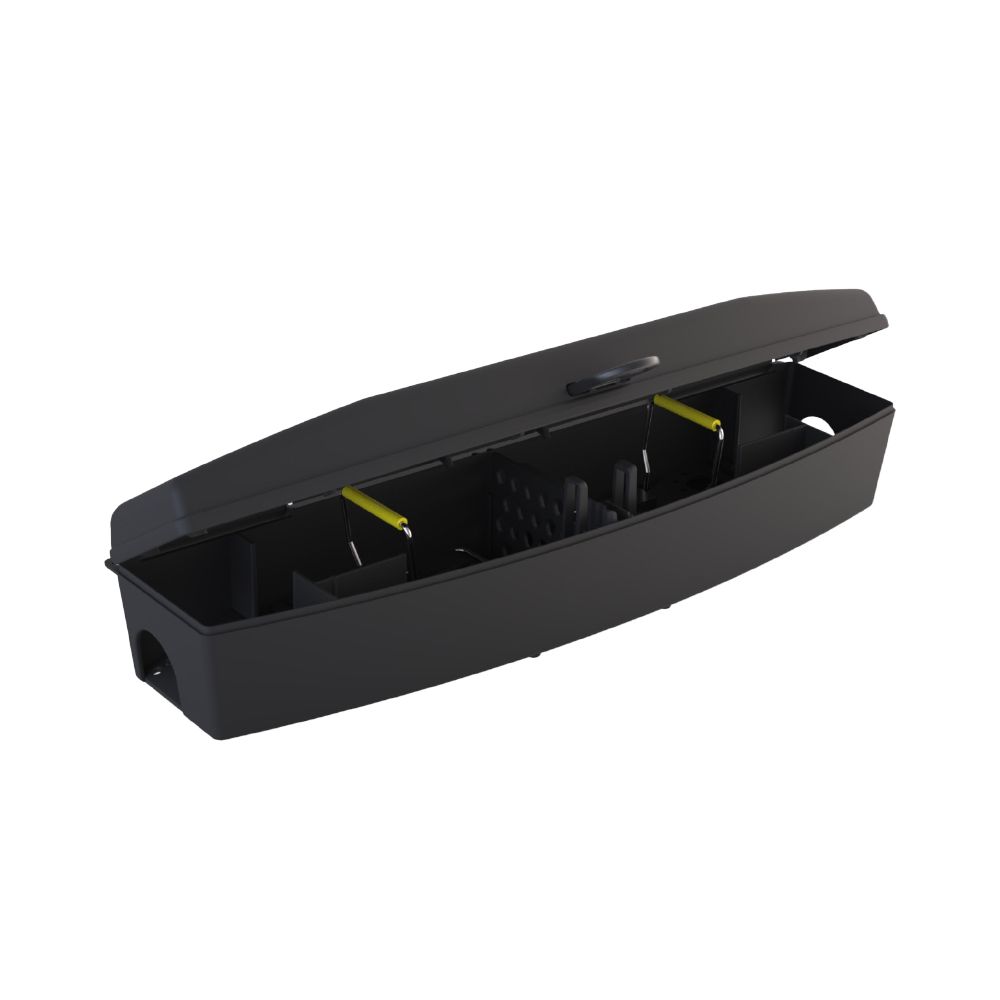 AF® Trapmus half-opened trapping station, front side view showing the internal ramp and clear
ventilated baffle design for humane mouse capture.