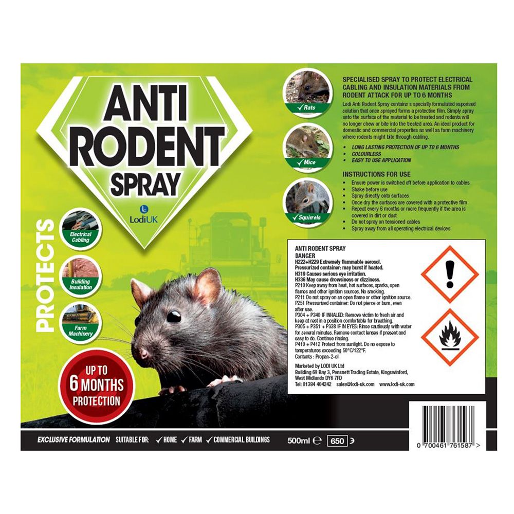 Close-up of Lodi Anti Rodent Spray 500ml label showing product usage instructions, safety warnings, and rodent repellent claims for professional and home use