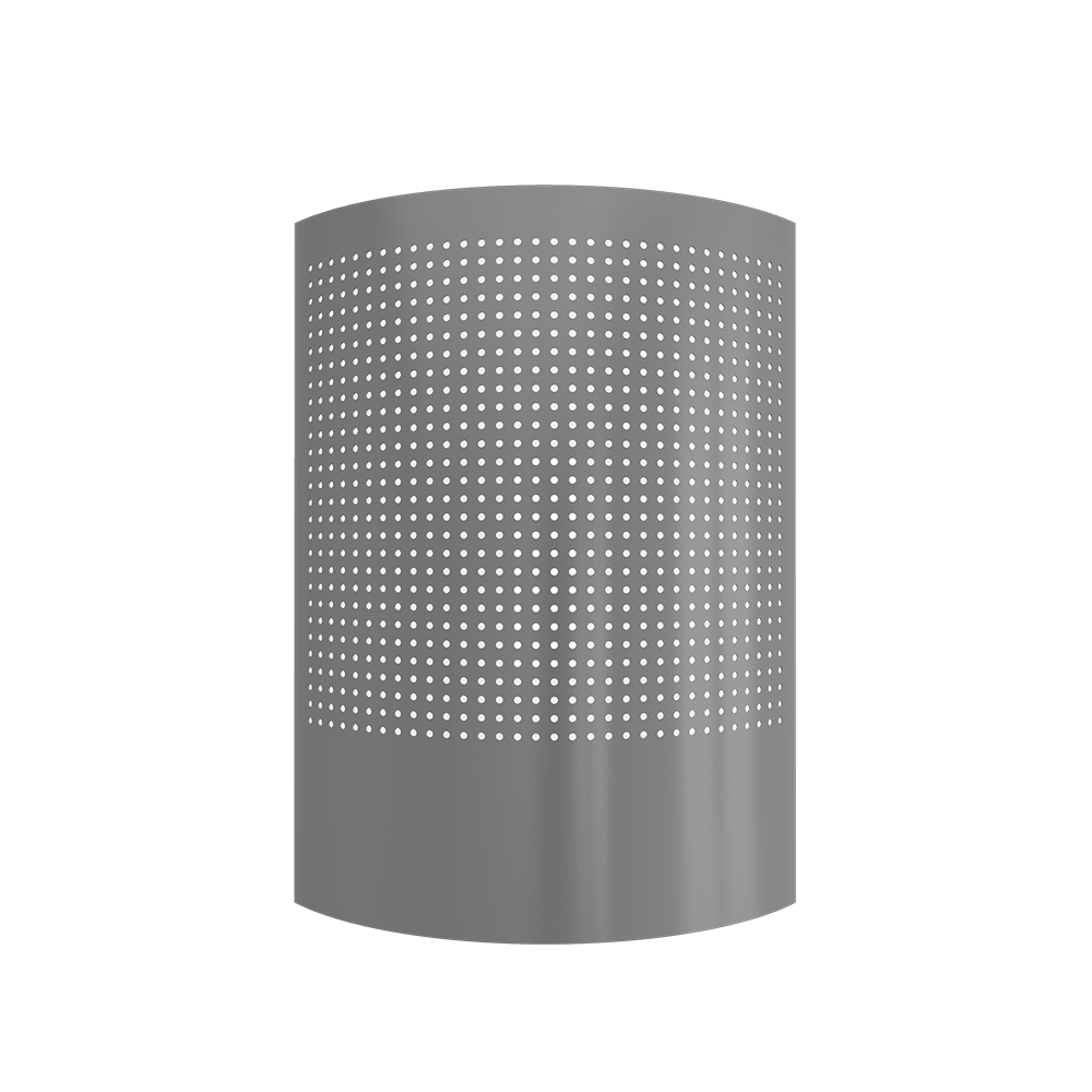 Front view of the Sunburst LED fly trap in silver-grey, designed for silent UVA fly control in public spaces.