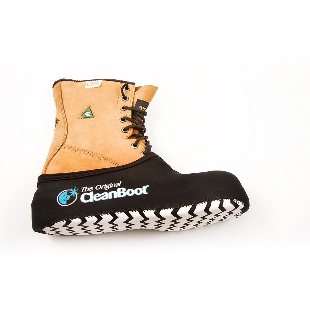 Side view of a single work boot inside The Original CleanBoot®, showing full grip sole and snug fit around the boot.