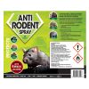 Close-up of Lodi Anti Rodent Spray 500ml label showing product usage instructions, safety warnings, and rodent repellent claims for professional and home use