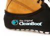 Close-up of The Original CleanBoot® logo printed on the neoprene fabric, worn over a work boot.